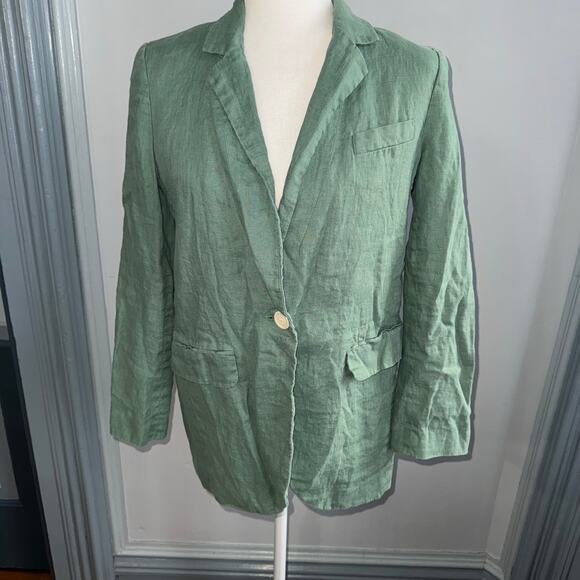 Madewell Linen Blazer Green Trellis Larsen One Button Jacket Size Small - Picture 3 of 10